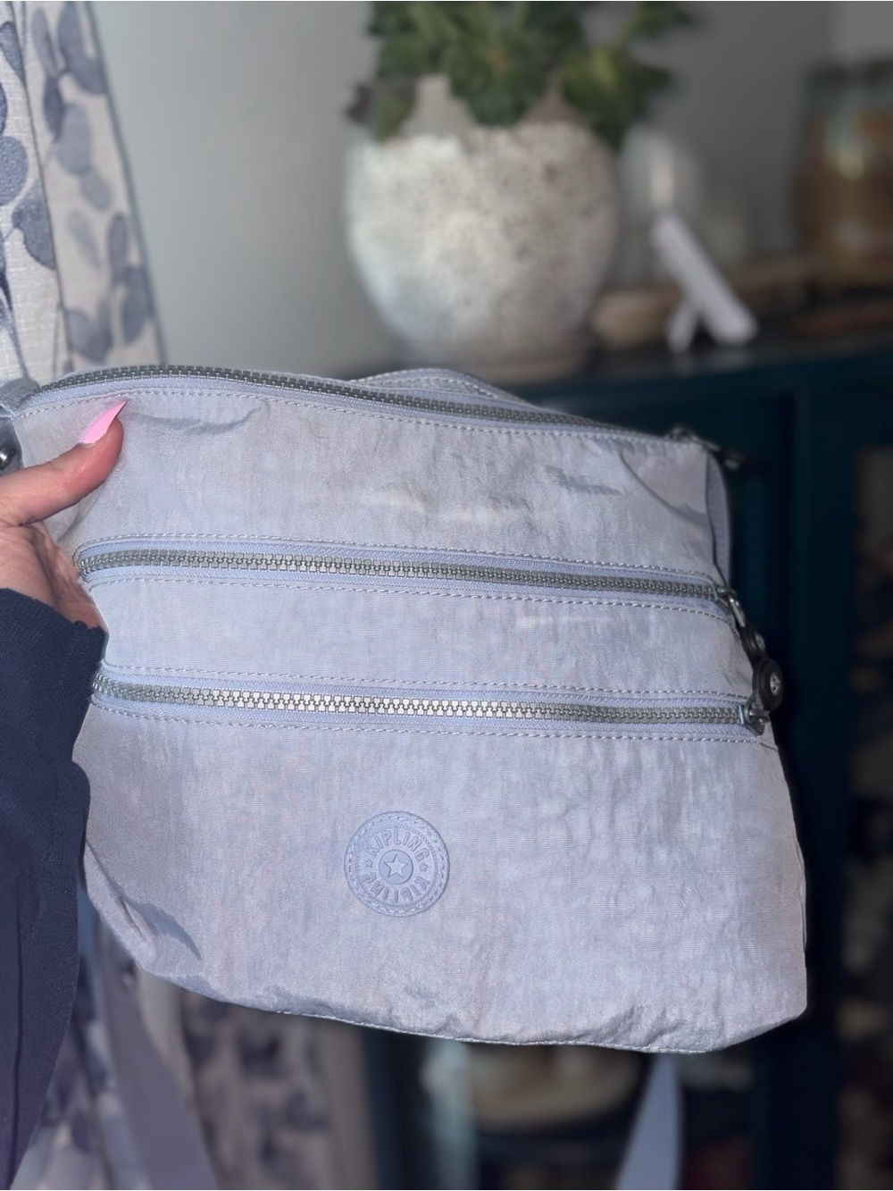 Kipling Light Gray Nylon Crossbody Bag with Dual Zip Pockets